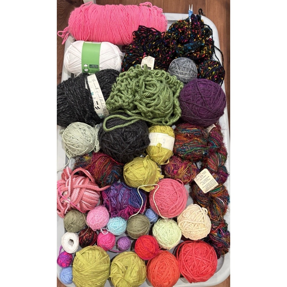 VTG Mixed Yarn Lot 40+ pc 5 lb Ball Skein Tools Wool Flat Sari Silk Chunky RARE